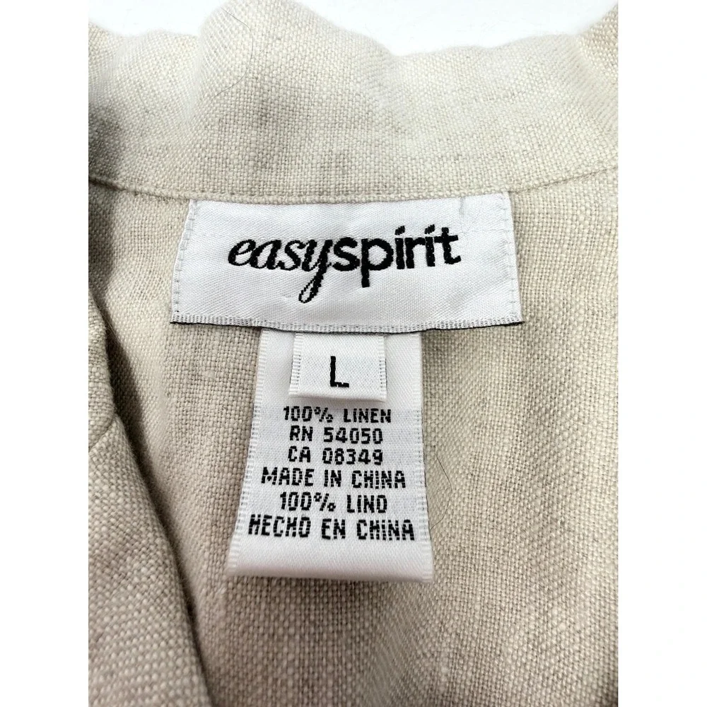 Easy Spirit Button Down‎ Shirt Womens Large Beige 100% Linen 3/4 Sleeve Notched